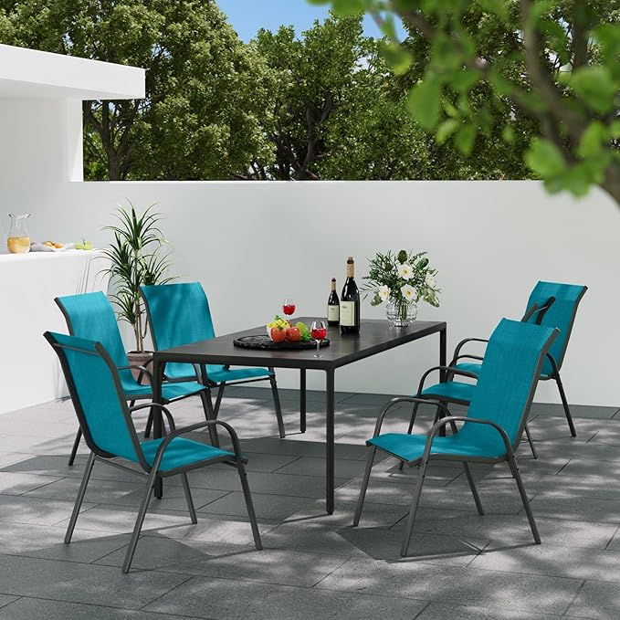 Patio Dining Chairs Set of 6, Stackable Dining Chairs High Back, Breathable Seat Fabric and Alloy Steel Frame Fit Backyard, Porch, Lawn，Poolside (Sky Blue)