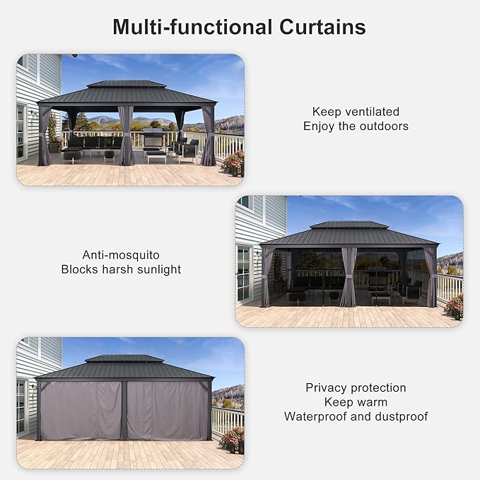 PURPLE LEAF 14' X 20' Outdoor Gazebo with Galvanized Steel Metal Roof Permanent Hardtop Gazebo with Light for Patio Lawn and Garden Large Pavilion Grey
