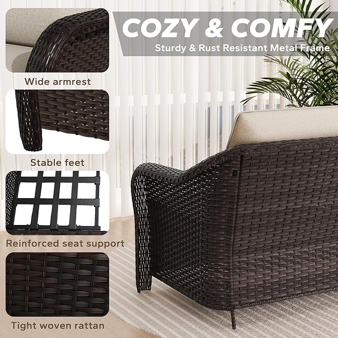 3 Pieces Patio sectional Sofa Set, Outdoor Conversation Furniture Set, 78" 3-Seat Couch with 2 Ottomans, 47" Metal Coffee Table, Rattan Wicker Sofa with Washable Cushions (Beige)