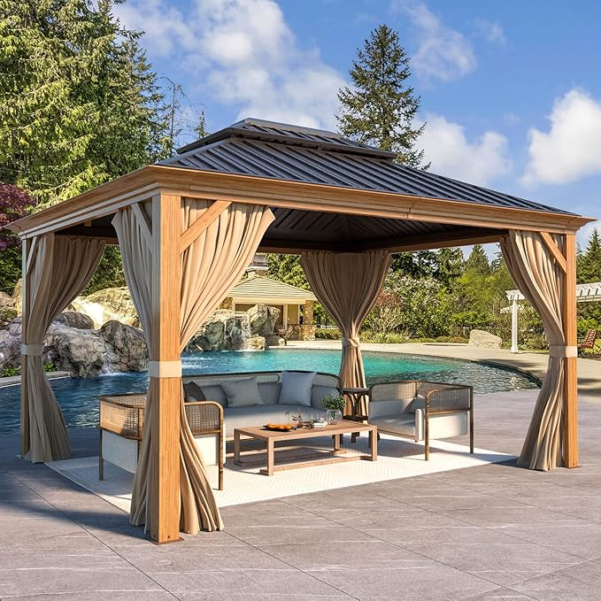 MELLCOM 10'x12' Hardtop Gazebo, Wooden Finish Coated Aluminum Frame Canopy with Galvanized Steel Roof, Outdoor Metal Gazebos with Curtains and Nettings for Patio, Backyard, Deck and Lawns
