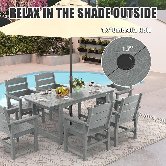 7-Piece HIPS Patio Dining Set, Outdoor Dining Table and Chairs Set with Umbrella Hole, Weatherproof Dining Table Set for 6 Person, Patio Furniture Set for Outside Deck, Grey