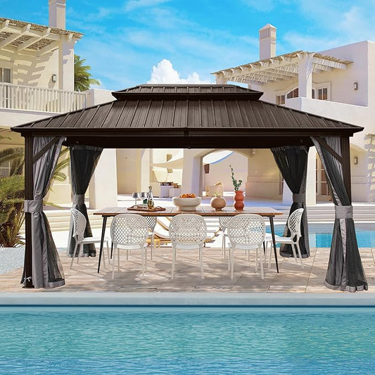 Domi Hardtop Gazebo 12x16FT, Aluminum Outdoor Gazebo with Galvanized Steel Double Roof Canopy, Curtains and Netting Included, Metal Gazebo Permanent Pavilion for Patio, Lawn, Garden, Brown