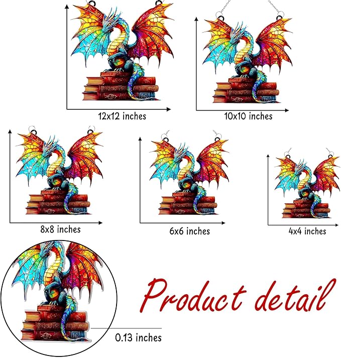 Book Dragon Acrylic Suncatcher Stained Glass Effect Window Car Hanging Christmas Ornament Indoor Outdoor Decor Garden Bookish Sun Catcher Panel for Books Lover for Women Mom Grandma