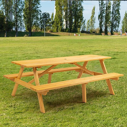 Picnic Table with Bench for 8 Person Outdoor Wooden Rectangle Table for Patio Garden Backyard Large Outside Dining Table Set with Umbrella Hole 6.25FT