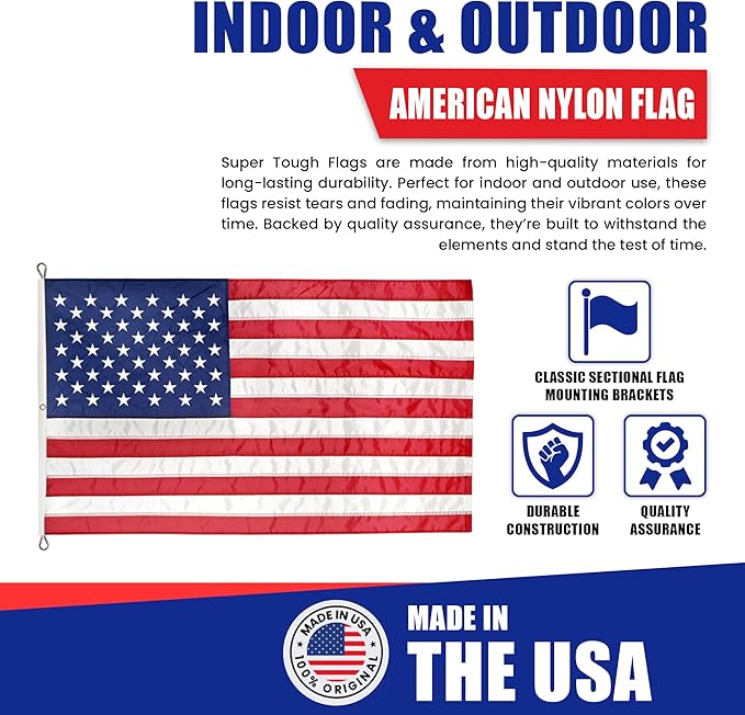 Super Tough 8ft x 12ft Nylon American Flag | Embroidered Stars and Sewn Stripes | Brass Grommets | Heavy-Duty Outdoor Flag | Fade Resistant American Flag Made in USA | All Weather Nylon