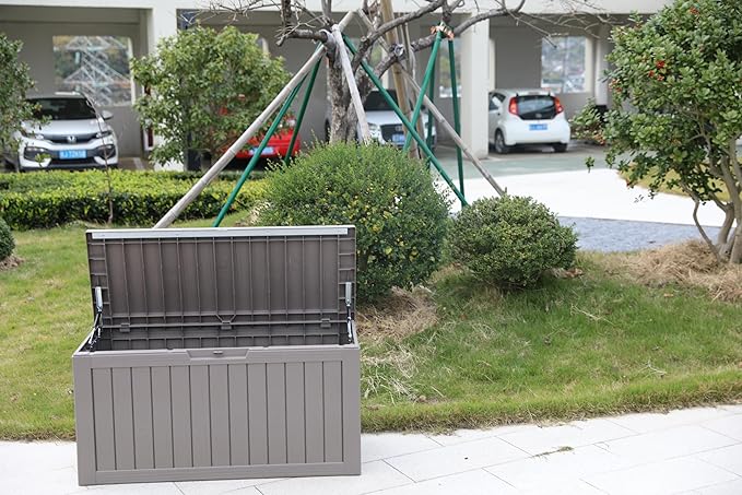 BTEXPERT 80 Gallon Outdoor Storage Container Deck Box with Metal Support Rods for Patio Furniture Garden Tools Cushions Waterproof Lockable UV Resistant Resin