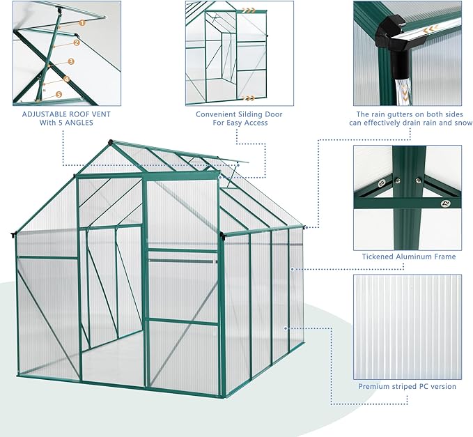 6x8 FT Polycarbonate Greenhouse with Sliding Door and Adjustable Roof, Heavy Duty Aluminum Walk-in Greenhouses w/ Raised Base for Outdoor Garden Backyard,Green
