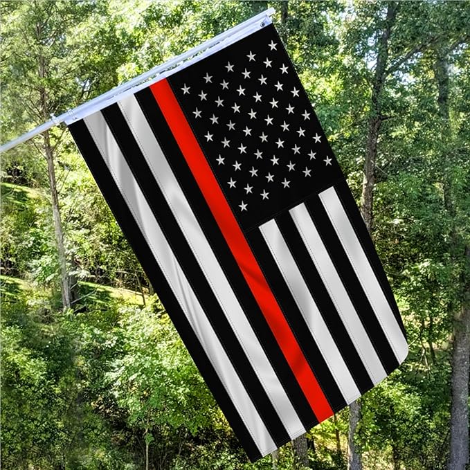 Embroidered Thin Red Line Firefighter Flag 3x5 Outdoor Fire Fighter Flags Polyester Fiber Fireman Flag Banner Bright Color with Durable Canvas Header and 2 Brass Grommets