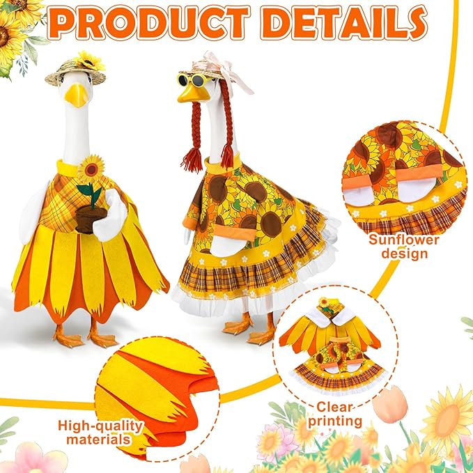 Abbylike 2 Set Fall Sunflower Porch Goose Outfit Sunflower Lawn Goose Costume 23'' Cement for Autumn Thanksgiving Yard Decor