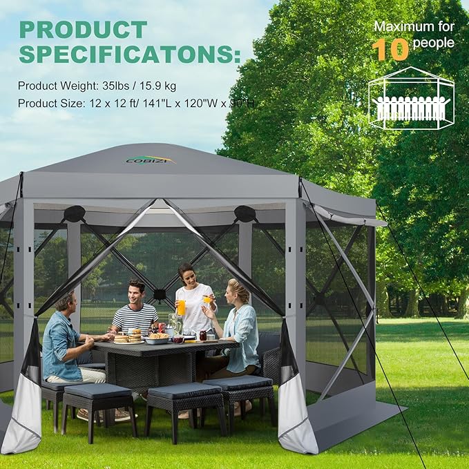 COBIZI 12x12 pop up Gazebo on Clearance Screen Tent for Camping, Scalable Sesign Outdoor Canopy Tent with Extension Support Poles & sidewalls,with Portable Carrying Bag and Ground Stakes,Gray