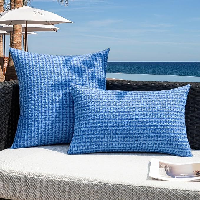 Kevin Textile Outdoor Waterproof Throw Pillow Covers Pack of 2 Weaving Texture Water Resistant Outside Decorative Cushion Covers for Garden Patio Tent Balcony Bench Couch Sofa 16x16 Inch, Blue