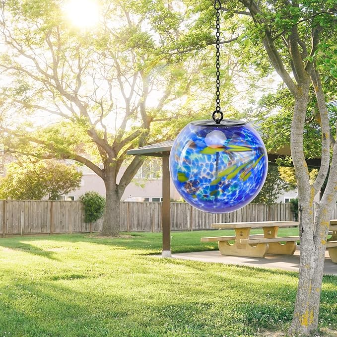 Solar Hanging Lanterns Outdoor Solar Glaze Glass Lantern Globe Hanging Outdoor Lights for Garden Yard Home Decoration Blue