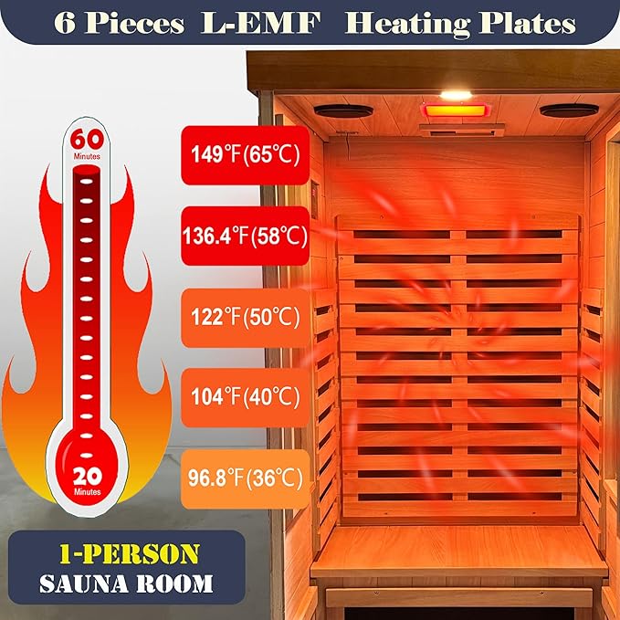 Far Infrared Saunas for Home, 1 Person Sauna Indoor Okoume Wood 1170W Low Emf Dry Sauna Room with Bluetooth Audio, 7 Heaters Panels and Tempered Glass Door (Red, 31.5" * 31.5" * 63.3")