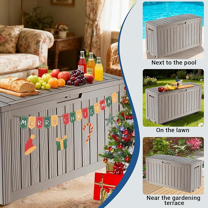 Deck Box Outdoor with 75 Gallon, Rollers for Mobility, Handles Waterproof Storage Box with Lockable for Store Garden Tools Backyard, Multi-Functional Seat & Table, Light Brown