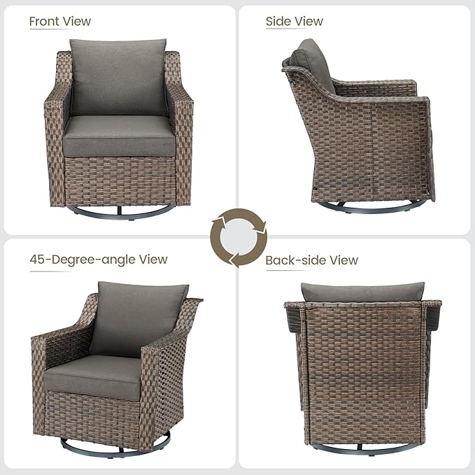 Outdoor Wicker Patio Furniture Set - 5 Piece Outside Rattan Conversation Bistro Dining Chair Sets with Rocking Swivel Chairs, Ottomans and Side Table for Porch Yard Balcony – Brown/Grey