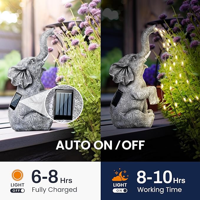 GIGALUMI Solar Garden Decor Watering Elephant Statues Outdoor, Birthday Gifts for Women Mom Grandma Senior Elder, Elephant Ornament for Balcony, Garden, Patio, Yard, Lawn (Constant Lights Only)