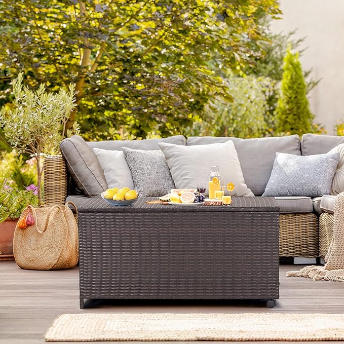 Giantex Outdoor Wicker Storage Box - 50 Gallon PE Rattan Storage Container with Lid, Waterproof Liner, Universal Wheels, Deck Storage for Pillows, Cushions, Gardening Tools, Mix Brown