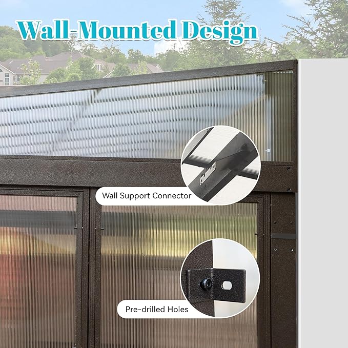 10x12FT Wall Mounted Sunroom, Outdoor Permanent Lean-to Solarium with Detachable Polycarbonate Roof, 2 Lockable Sliding Doors, Aluminum Gazebo Against The Wall Sun Room for Garden Patio Deck