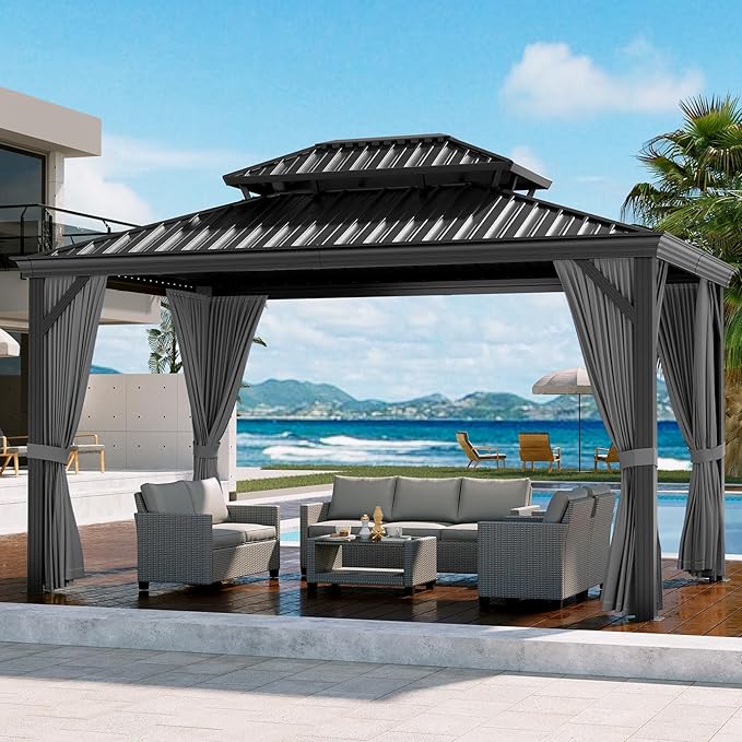 Outdoor Hardtop Gazebos 10 x 12 ft Permanent with High Strength Aluminum Frame, Double-Roof, Pavilion with Curtain and Netting for Patio, Lawn, Deck, Garden (Darkgrey, 10x12 ft)