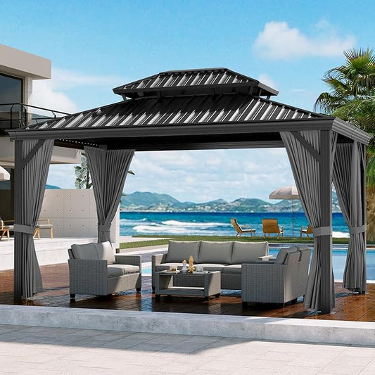 Outdoor Hardtop Gazebos 10 x 12 ft Permanent with High Strength Aluminum Frame, Double-Roof, Pavilion with Curtain and Netting for Patio, Lawn, Deck, Garden (Darkgrey, 10x12 ft)