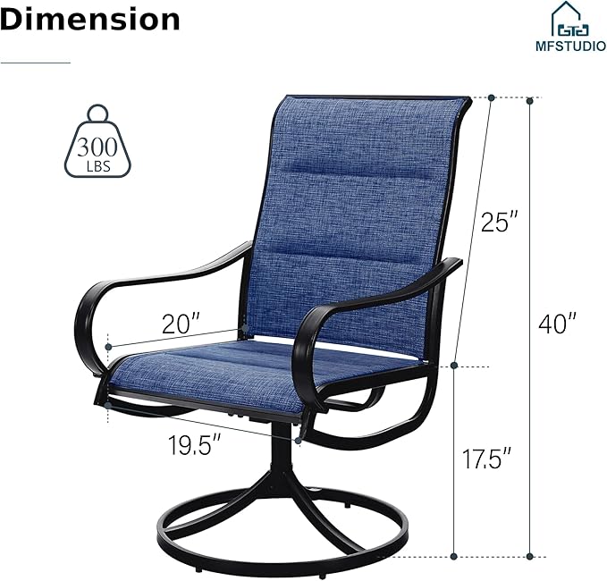 MFSTUDIO Outdoor Swivel Patio Dining Chairs Set of 2, High Back Padded Textilene Patio Chairs for Balcony, Backyad, Deck, Garden (Padded Navy Fabric,Black Frame)
