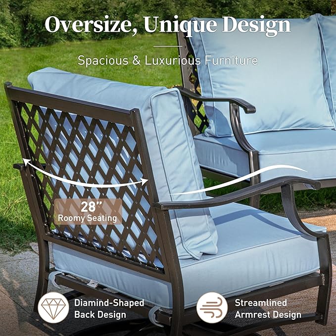 7 Piece Metal Outdoor Patio Furniture Set, Patio Conversation Sets 1 3-seater Sofa, 4 Fixed Chair, 2 Ottomans with 5.75" Thick Cushion, Black All-weather Frame Backyard Furniture, Blue