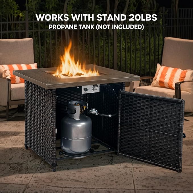 Patio Luxury Conversation Set 6PCS Resin Wicker Swivel Chairs Set, 4 Swivel Patio Chairs with Rattan Side Table and 30in Square Wicker Fire Table Set Brown Wicker|Blue Cushions