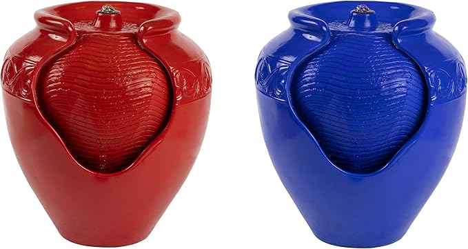 Pure Garden Jar Water Fountain – Indoor or Outdoor Ceramic-Look Glazed Pot Resin Water Feature with Electric Pump and LED Lights (Cobalt Blue)