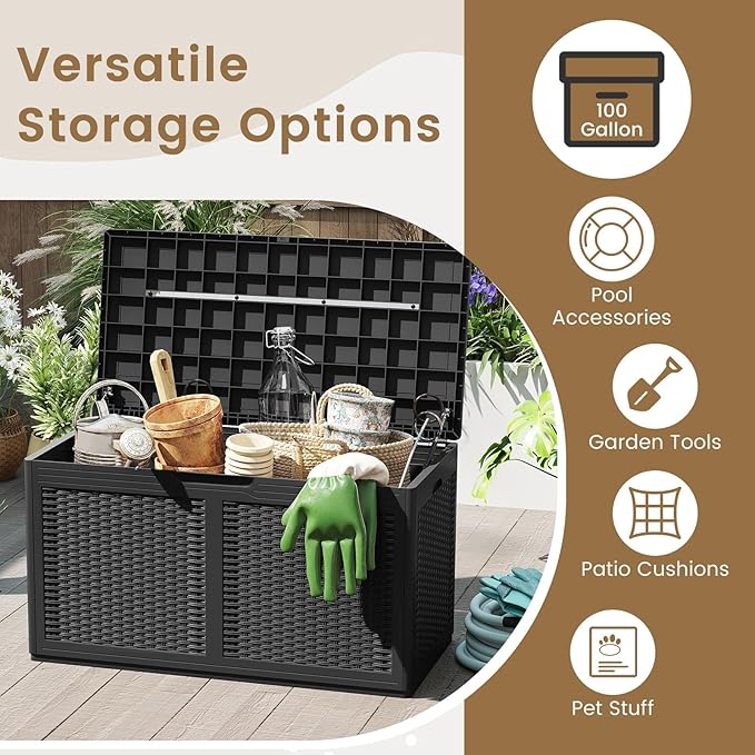 HAPPYGRILL 100 Gallon Resin Deck Box Outdoor Waterproof Storage with Lockable Lid, Rattan Texture Storage Container with Wheels for Pool Accessories, Garden Tool, Patio Furniture Cushion (Black)