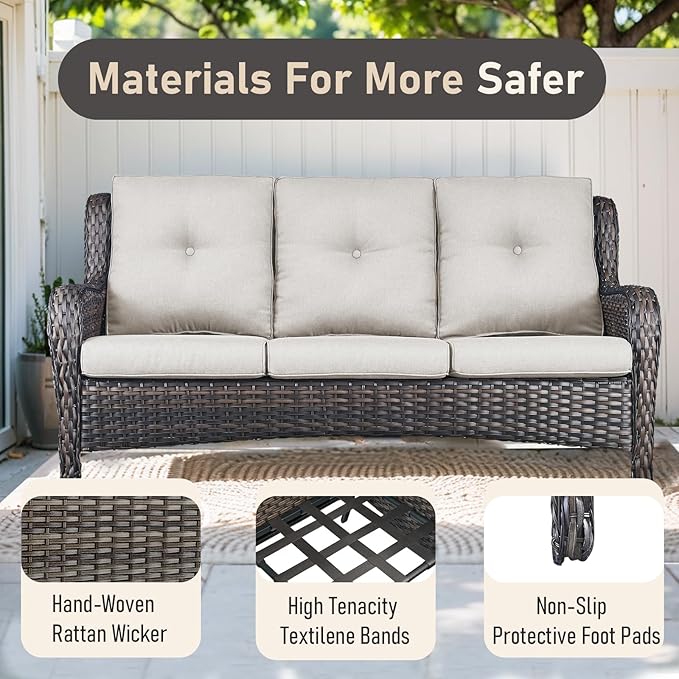 Wicker Outdoor Conversation Se with 50,000 BTU Gas Propane Fire Pit Tablet-7 Pieces Outdoor Wicker High Back Couch Patio Furniture for Deck Poolside Backyard