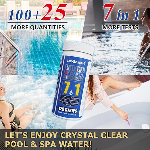 Pool Spa and Hot Tub Test Strips - 125 Pool Spa Test Strips - Swimming Pool Water Testing Kit - Rapid Accurate Easy to Test pH, Hardness, Bromine, and More (7-Way)