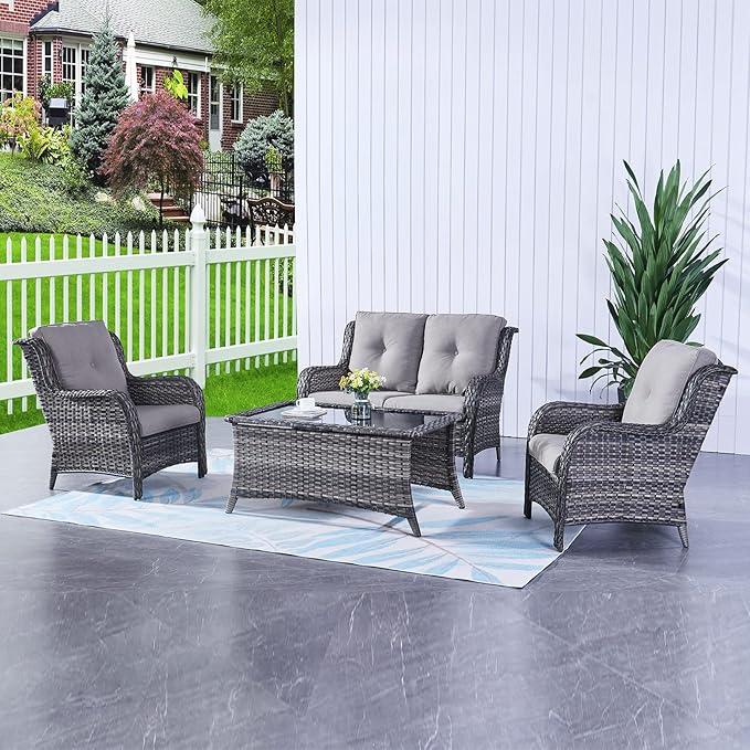 HUMMUH Outdoor Loveseat Sofa 2-Seat PE Rattan Patio Love Seat with Cushions,Deep Seat High Curved Back Armset Sectional Couch for Patio,Garden,Yard,Porch