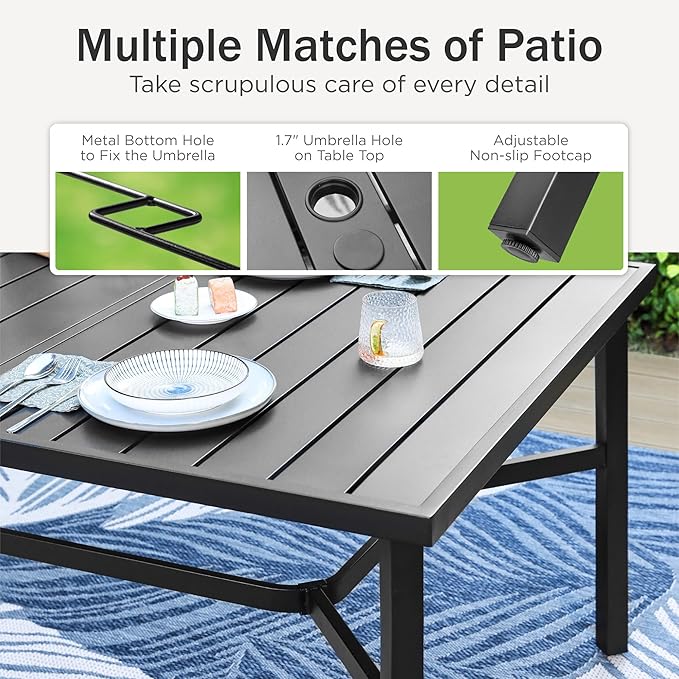 PHI VILLA 9 Pieces Outdoor Dining Set for 8, Large Rectangular Metal Dining Table with Umbrella Hole & Stackable Wrought Iron Chairs, Dining Furniture for Patio, Deck, Yard, Porch
