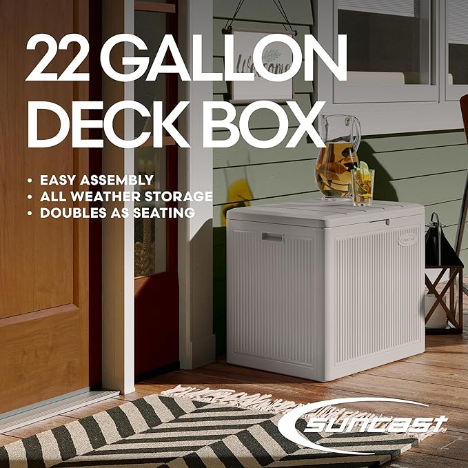 Suncast 22-Gal. Waterproof Resin Small Outdoor Patio Deck Box with Reeded Design, Modern Outdoor Patio Bench/Storage Box for Cushions, Garden Tools, and More, French Gray