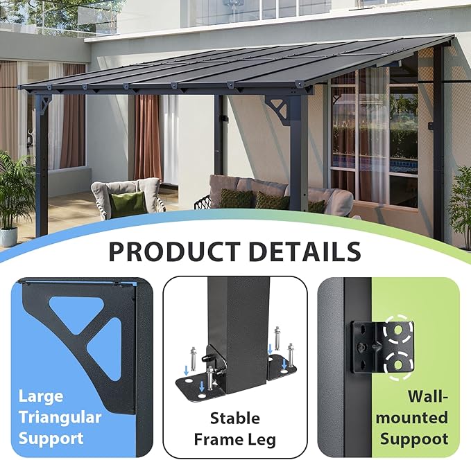 Aoxun 10’x 12’ Premium Gazebo with Aluminum Top Frame & Polycarbonate Panel, Wall Mounted Gazebos Pergola, Outdoor Patio Lean to Gazebo, Awnings with Sloped Roof, for Backyard, Porch, Deck