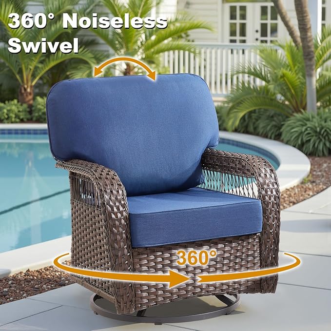 Outdoor Swivel Rocker Chairs - Patio Rocking Chairs Set of 2, 3PCS Wicker Patio Set with 5" Thick Cushion and Side Table, Rattan Patio Swivel Rocking Chairs for Porch, Deck, Backyard Blue/Brown