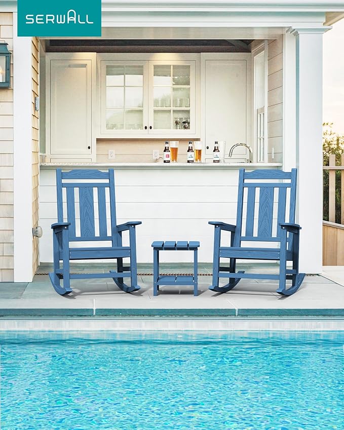 SERWALL Oversized Rocking Chair Set of 2 Outdoor, HDPE Outdoor Rocking Chair Set of 2, Blue