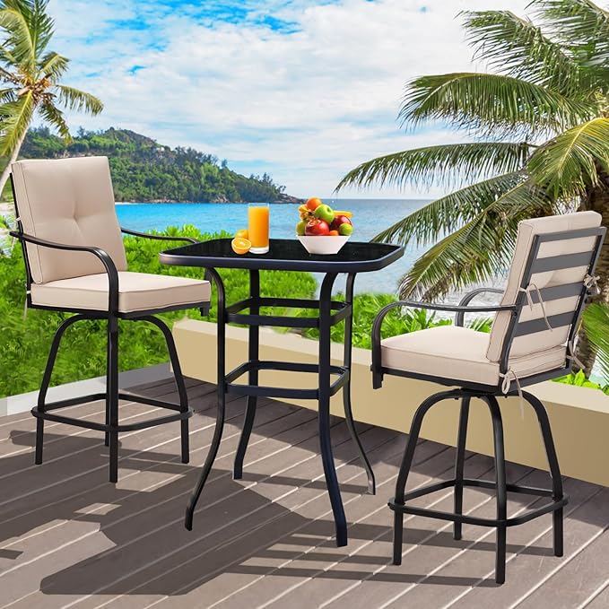 Patio Swivel Bar Stools, Outdoor High Back Swivel Bar Chair Set of 6 with Cushion & All Weather Steel Frame for Backyard, Lawn, Poolside and Balcony, Beige