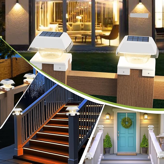 INDARUN Post Lights Solar Powered, Fence Deck Post Solar Lights Fit 4x4 5x5 6x6 Wood Posts/Vinyl 4x4 Post Caps, Outdoor Post Lights with 2 Colors Modes, 120Lumen, for Patio/Porch/Backyard Decor
