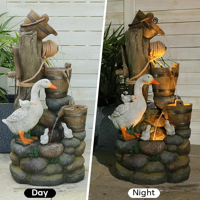 4-Tiers Cascading Outdoor Water Fountain, 31.9'' Tall Duck & Wooden Bucket Stump Waterfall Garden Fountains with LED Lights & Pump Water Feature Resin for Patio, Deck, Yard, Home Decor