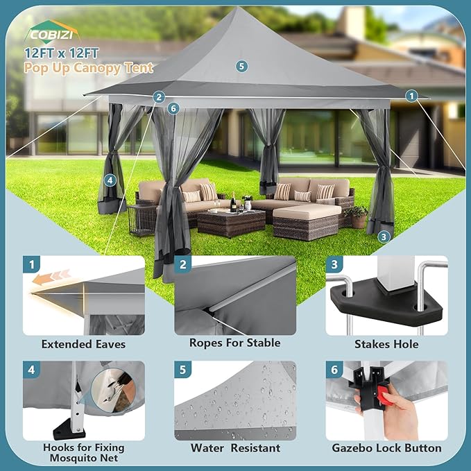 COBIZI 12x12 Pop Up Gazebo On Clearance Canopy Tent Easy Up Outdoor Gazebo Waterproof Upgrade with Mosquito Nettings and Carry Bag for Patio Garden Lawn