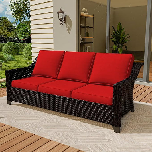 Vista Vibe 78" Patio Wicker 3-seat Sofa, Deep Seat & Upholstered Loveseat, Outdoor All-Weather Rattan Couch with Removable Cushions, Steel Frame Couch for Garden, Poolside (Brown/Red)