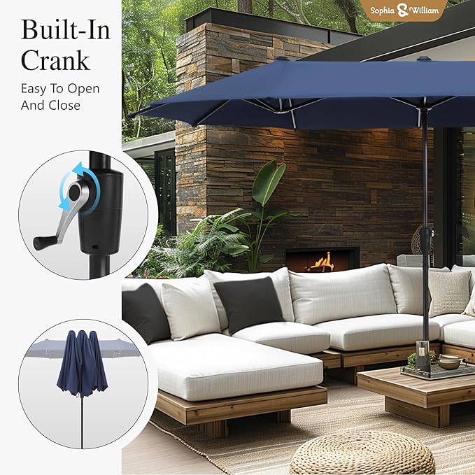 Sophia & William Patio Set with Umbrella Patio Dining Set for 6 with 13ft Rectangle Patio Umbrella Navy, 6 x Patio Chairs Brown, 1 Wood Like Outdoor Dining Table with Umbrella Hole for Lawn Garden