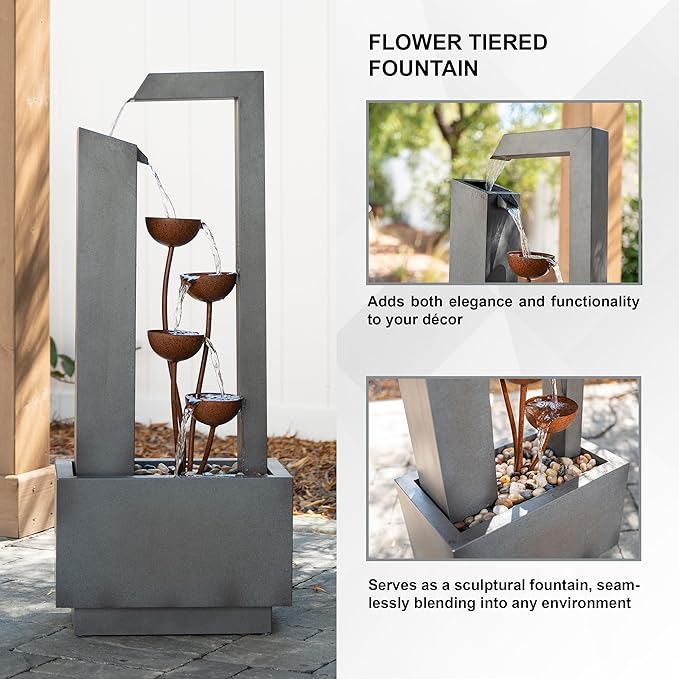 XBrand Metal Sculptural Multi-Tiered Flower Water Fountain, No LED Lights, Gray and Bronze, 38" Tall