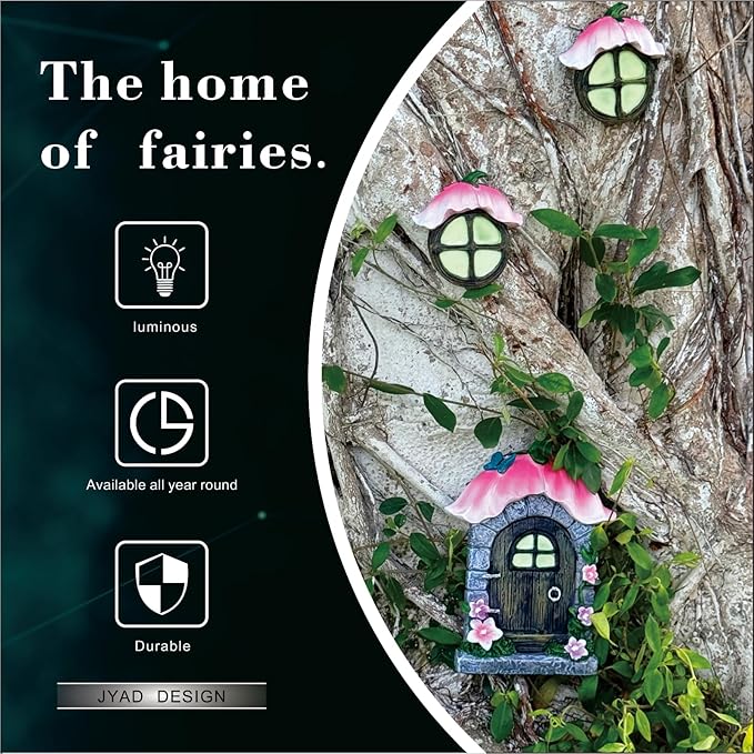 Fairy Garden Door and Windows for Trees,Resin Fairy House Kit,Glowing in The Dark,Miniature Accessories for Tree Stump, Outdoor Yard, Lawn, and Garden Decor.