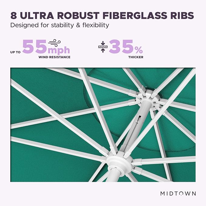 Midtown Umbrellas The Swilt 8 Feet Patio Umbrella in Sunbrella Canvas Teal Acrylic Fabric - Fiberglass Ribs, Auto-Tilt Aluminum Frame For Backyard, Deck, Garden, Pool - White Pole