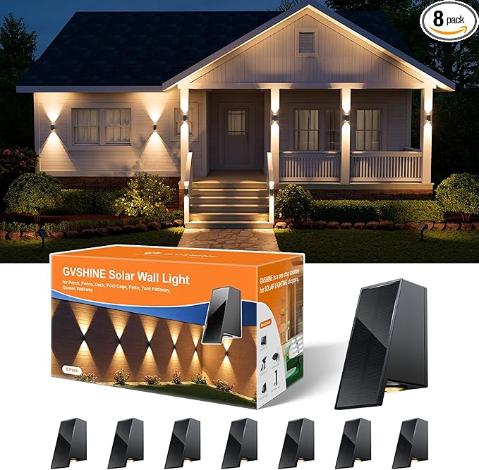 8 Pack Solar Powered Fence Lights Outdoor Waterproof Wall Mount Up and Down LED Decorative Lamps for Outside Patio, House, Backyard, Porch, Deck, Garden with Bright Lens Easy to Install (Warm White)