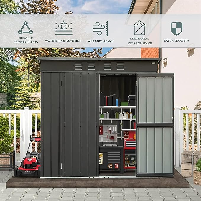 6x4ft Outdoor Storage Shed, Galvanized Steel Garden Shed with Sloping Roof, Lockable Double Doors and 16 Air Vents, Utility Tool Storage for Backyard Patio