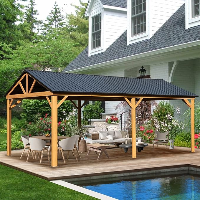 Domi 12' x 20' Hardtop Gazebo with Galvanized Steel Gable Roof, Pergola with Wood-looking Aluminum Frame, Permanent Pavilion Outdoor Gazebo with Ceiling Hook for Deck Patio Lawn Yard Backyard Grill