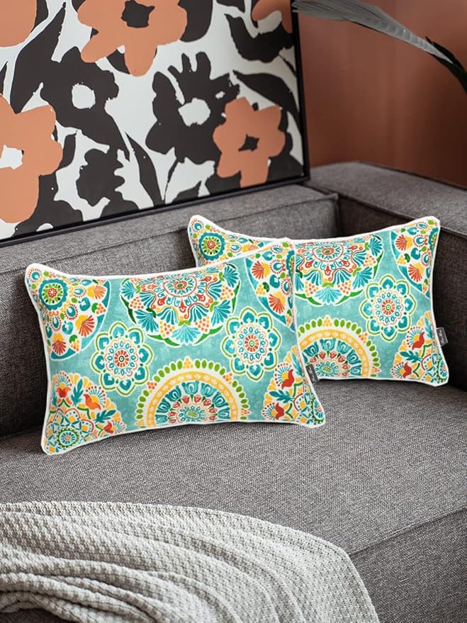FUNHOME Indoor Outdoor Lumbar Pillow Covers ONLY, Water-Repellent Fade-Resistant Patio Lumbar Cases 12” x 20”, Throw Pillowcase Shell for Couch Garden Furniture Use -Cyan Circle